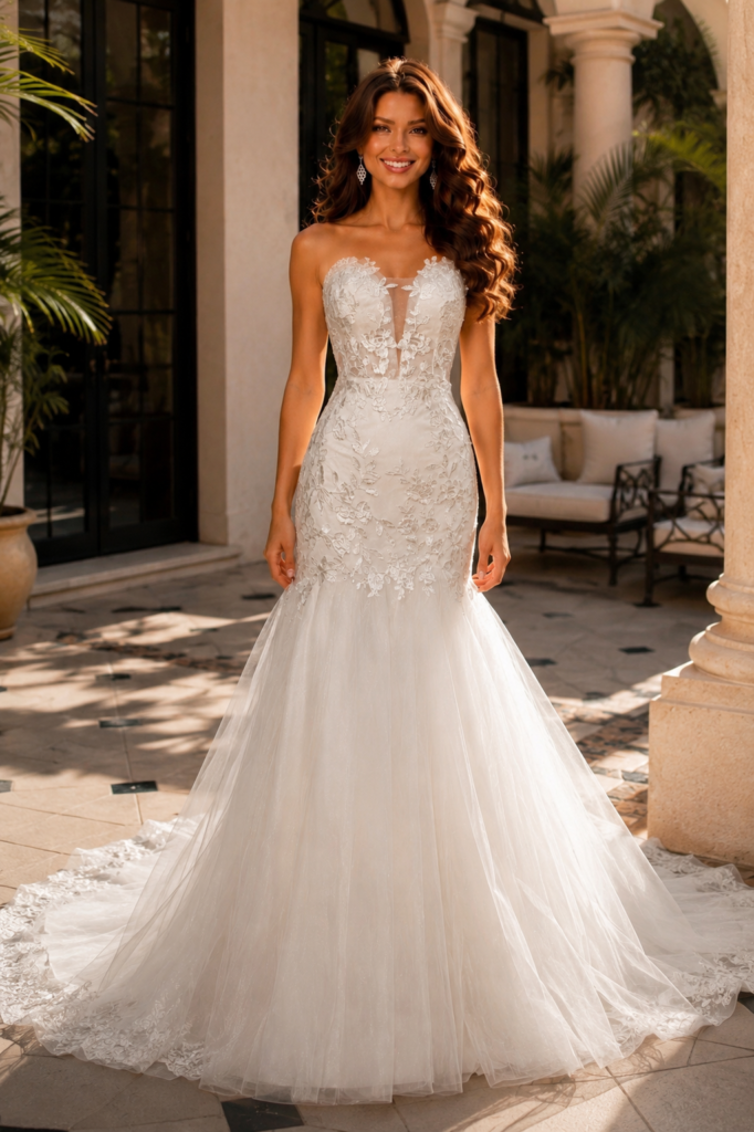 Strapless mermaid wedding dress with a sweetheart neckline and appliqués personalized
