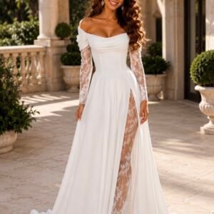Wedding Dress with Corset – A-Line, 3/4 Lace Sleeves, Front Slit & Lace-Up Back | Custom Made