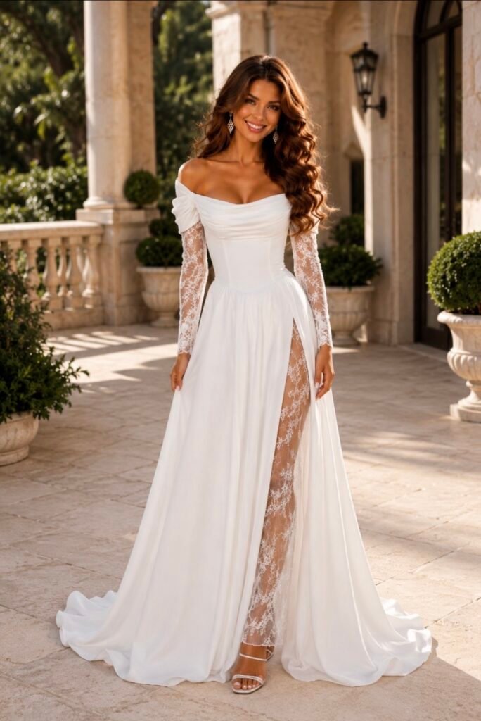 Wedding Dress with Corset – A-Line, 3/4 Lace Sleeves, Front Slit & Lace-Up Back | Custom Made