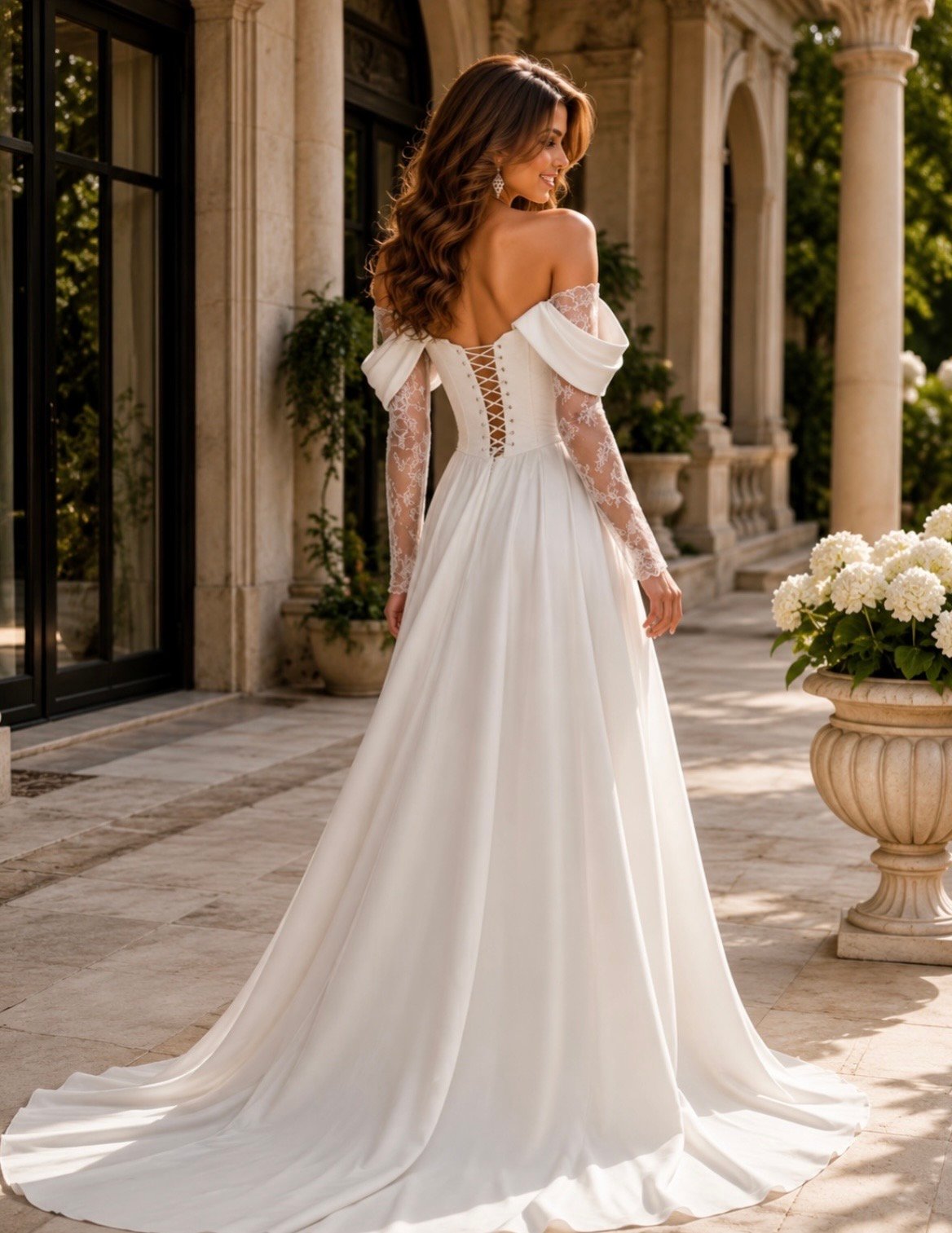 Wedding Dress with Corset – A-Line, 3/4 Lace Sleeves, Front Slit & Lace-Up Back | Custom Made - Image 2