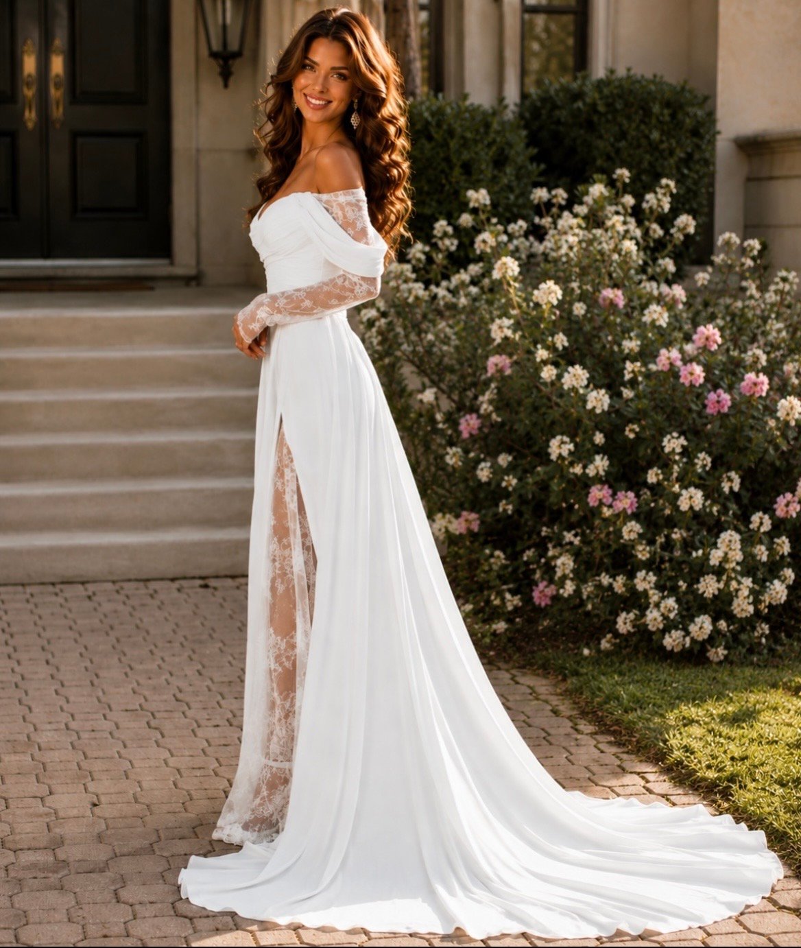 Wedding Dress with Corset – A-Line, 3/4 Lace Sleeves, Front Slit & Lace-Up Back | Custom Made - Image 3