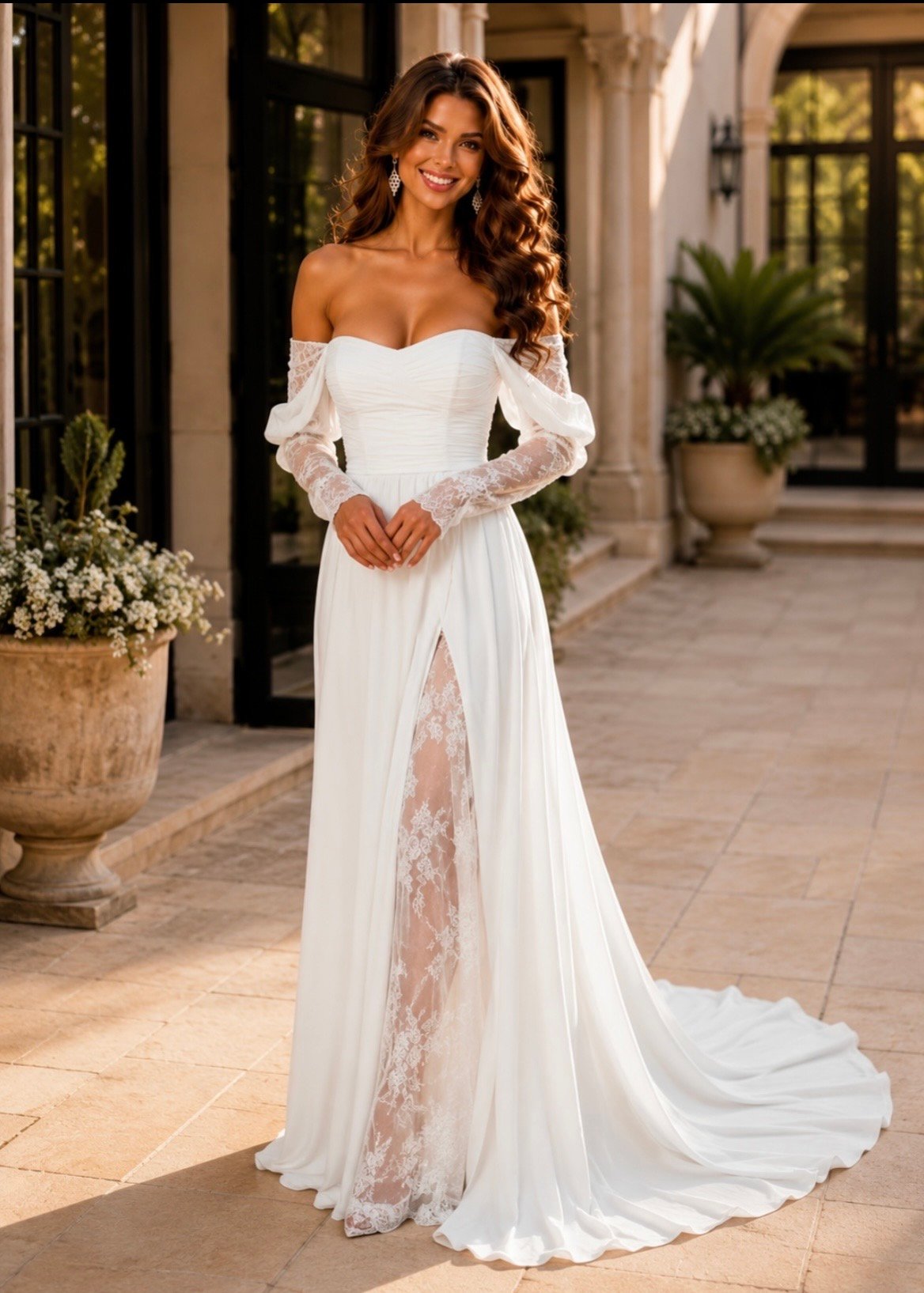 Wedding Dress with Corset – A-Line, 3/4 Lace Sleeves, Front Slit & Lace-Up Back | Custom Made - Image 4